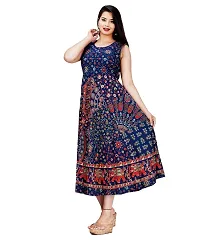 Stylish Cotton Navy Blue Jaipuri Rajasthani Printed Sleeveless Maxi Long Kurta For Women-thumb4