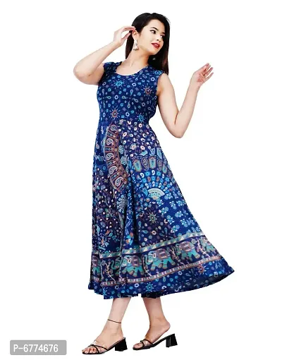 Stylish Cotton Blue Jaipuri Rajasthani Printed Sleeveless Maxi Long Kurta For Women-thumb3