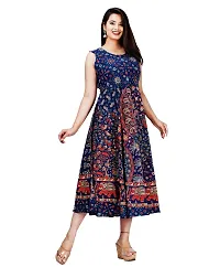 Stylish Cotton Navy Blue Jaipuri Rajasthani Printed Sleeveless Maxi Long Kurta For Women-thumb3