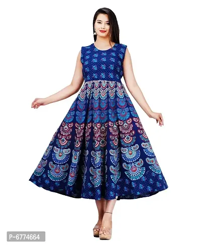 Stylish Cotton Blue Jaipuri Rajasthani Printed Sleeveless Maxi Long Kurta For Women-thumb0