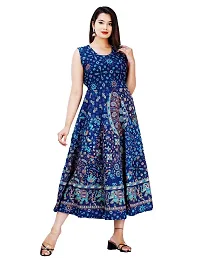 Stylish Cotton Blue Jaipuri Rajasthani Printed Sleeveless Maxi Long Kurta For Women-thumb4