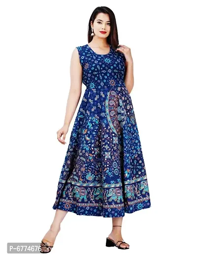 Stylish Cotton Blue Jaipuri Rajasthani Printed Sleeveless Maxi Long Kurta For Women-thumb5