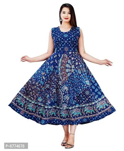 Stylish Cotton Blue Jaipuri Rajasthani Printed Sleeveless Maxi Long Kurta For Women-thumb0