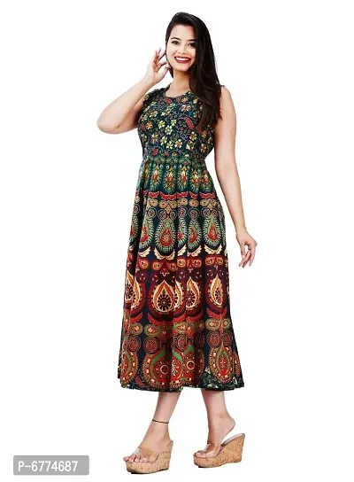 Stylish Cotton Green Jaipuri Rajasthani Printed Sleeveless Maxi Long Kurta For Women-thumb3