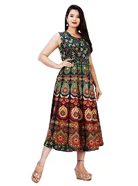 Stylish Cotton Green Jaipuri Rajasthani Printed Sleeveless Maxi Long Kurta For Women-thumb1