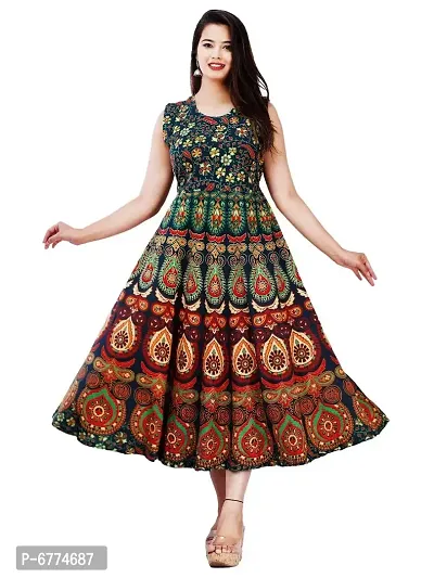 Stylish Cotton Green Jaipuri Rajasthani Printed Sleeveless Maxi Long Kurta For Women-thumb0