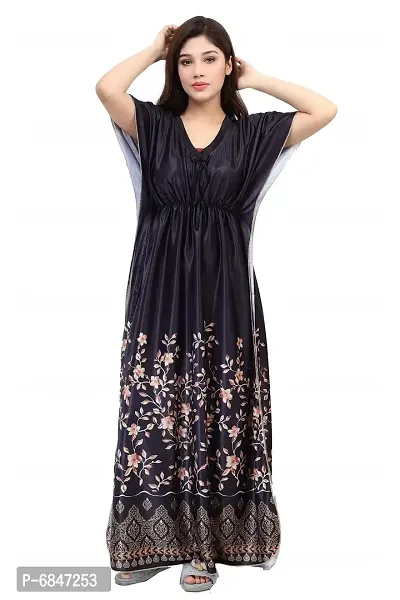 Stylish Fancy Satin Silk Geometric Printed Maxi Kaftan Nighty Gown For Women Pack Of 1