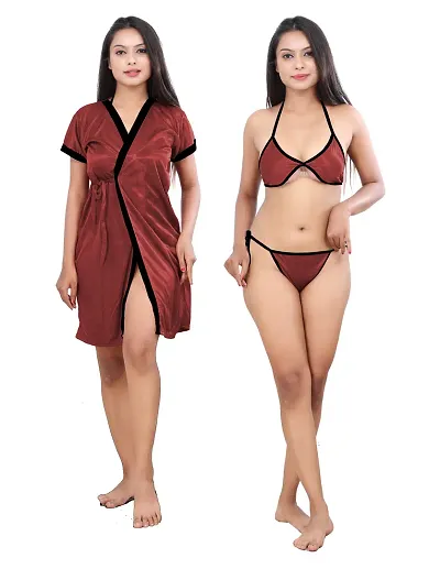 Fancy Solid Night Robe With Lingerie Set