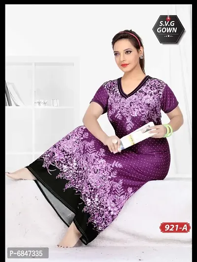 Purple Satin Printed Nightwear For Women-thumb0