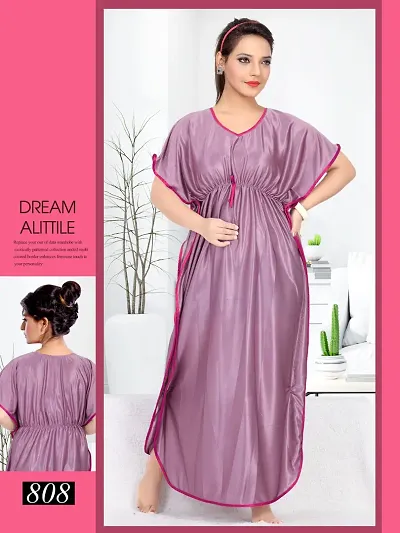 Fancy Satin Solid Kaftan Nighty/Night Gown