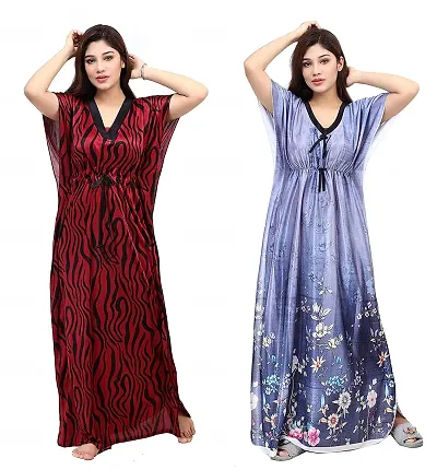 Stylish Fancy Silk Geometric Maxi Length Nighty For Women Pack Of 2