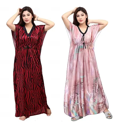 Stylish Fancy Silk Geometric Maxi Length Nighty For Women Pack Of 2