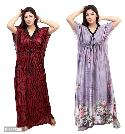 Stylish Fancy Printed Satin Maxi Kaftan Nighty Gown For Women Pack Of 2