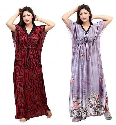 Stylish Fancy Silk Geometric Maxi Length Nighty For Women Pack Of 2