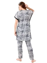 Stylish Grey Satin Printed Nighty with Pajama Set For Women-thumb1