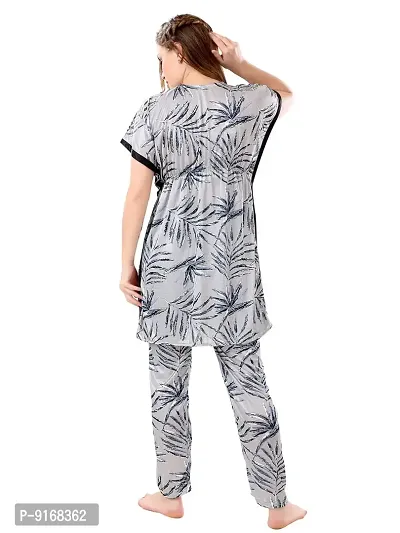 Stylish Grey Satin Printed Nighty with Pajama Set For Women-thumb2