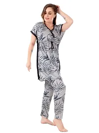 Stylish Grey Satin Printed Nighty with Pajama Set For Women-thumb2