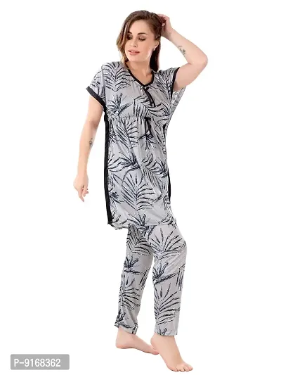 Stylish Grey Satin Printed Nighty with Pajama Set For Women-thumb3