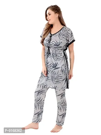 Stylish Grey Satin Printed Nighty with Pajama Set For Women-thumb4