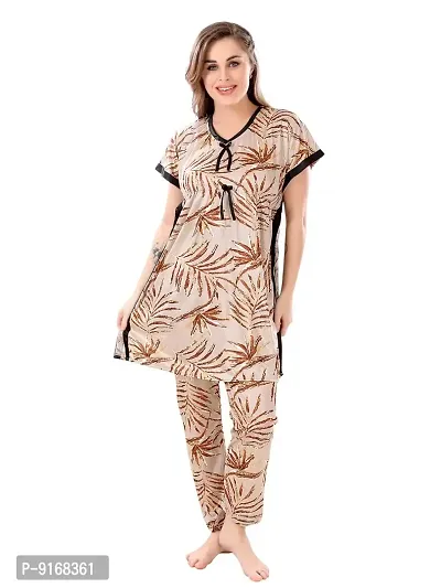 Stylish Beige Satin Printed Nighty with Pajama Set For Women
