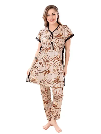 Stylish Satin Printed Kaftan Night Top with Pajama Set For Women