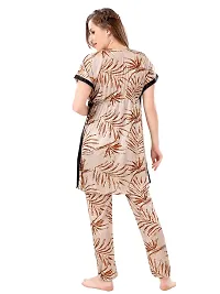 Stylish Beige Satin Printed Nighty with Pajama Set For Women-thumb1