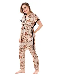 Stylish Beige Satin Printed Nighty with Pajama Set For Women-thumb2