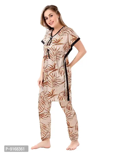 Stylish Beige Satin Printed Nighty with Pajama Set For Women-thumb3