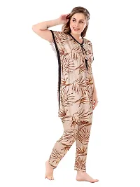 Stylish Beige Satin Printed Nighty with Pajama Set For Women-thumb3