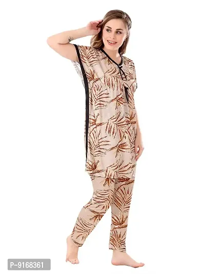Stylish Beige Satin Printed Nighty with Pajama Set For Women-thumb4