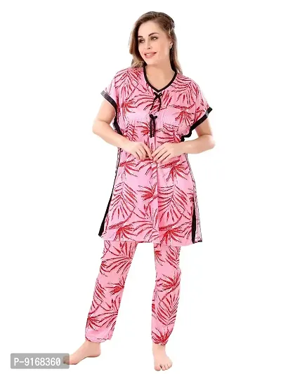 Stylish Pink Satin Printed Nighty with Pajama Set For Women-thumb0