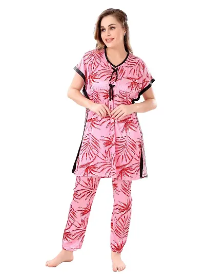 Stylish Satin Printed Kaftan Night Top with Pajama Set For Women