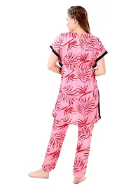 Stylish Pink Satin Printed Nighty with Pajama Set For Women-thumb1