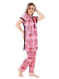 Stylish Pink Satin Printed Nighty with Pajama Set For Women-thumb2