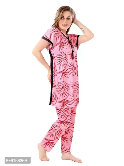 Stylish Pink Satin Printed Nighty with Pajama Set For Women-thumb3