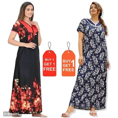 Stylish Fancy Satin Printed Nighty Combo For Women Pack Of 2