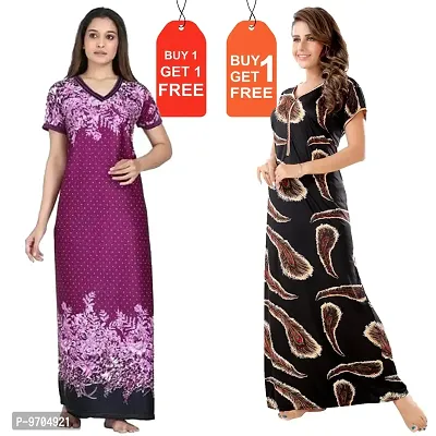 Stylish Fancy Satin Printed Nighty Combo For Women Pack Of 2