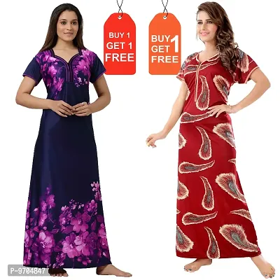 Stylish Fancy Satin Printed Nighty Combo For Women Pack Of 2