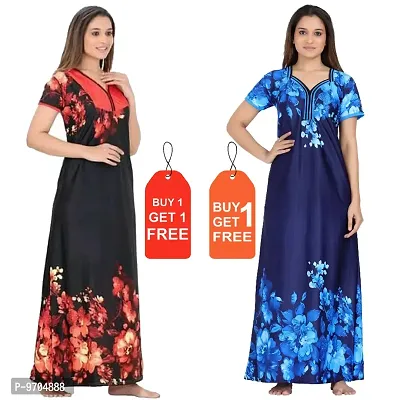 Stylish Fancy Satin Printed Nighty Combo For Women Pack Of 2