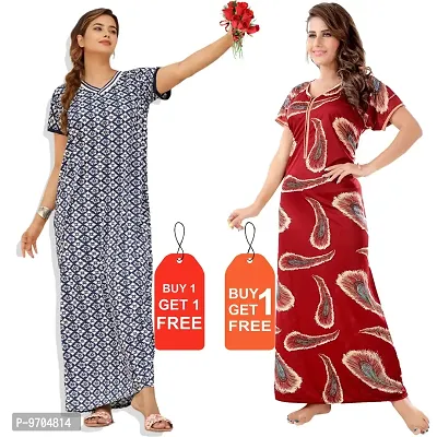 Stylish Fancy Satin Printed Nighty Combo For Women Pack Of 2-thumb0