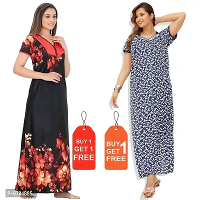 Stylish Fancy Satin Printed Nighty Combo For Women Pack Of 2