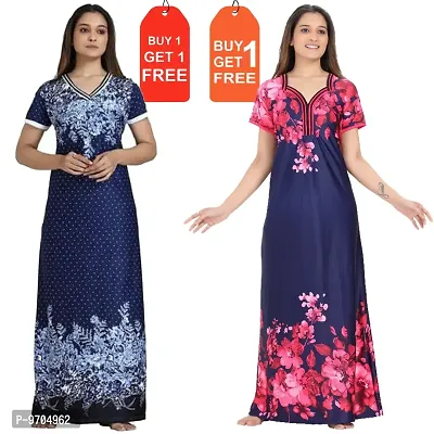 Stylish Multicoloured Satin Printed Nightwear For Women Pack Of 2