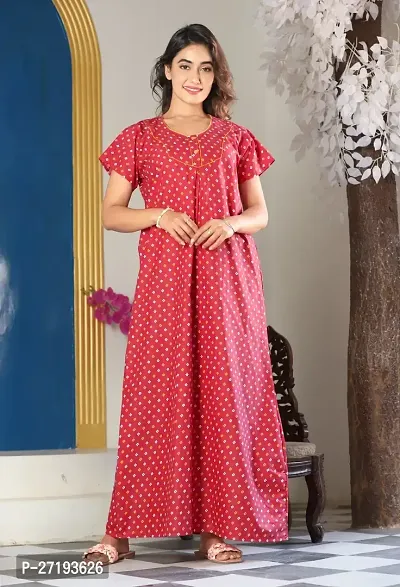 Stylish Red Cotton Printed Nighty For Women