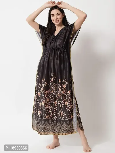 Veshvilla Women's Print Regular Kaftan Maxi Nighty (Black)-thumb3