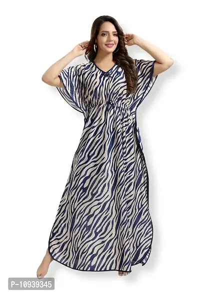 Veshvilla Women's Print Regular Kaftan Maxi Nighty (Zebra, Blue)-thumb0