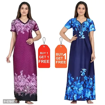 Stylish Fancy Satin Printed Nighty Combo For Women Pack Of 2-thumb0