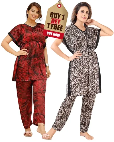 Stylish Kaftan Satin Night Suit Combo For Women Pack Of 2