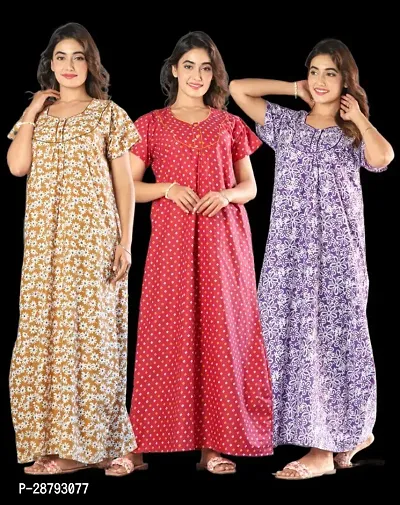 Fancy Cotton Printed Nighties For Women Pack Of 3-thumb0