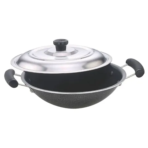 FUTENSILS Non Stick Aluminium Appachatti with Stainless Steel lid, Dia-230 / 3 mm, Black, Gas Compatible, Weight - 0.660 KG