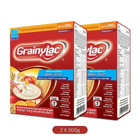 GrainyLac Multi Grain Multi Fruit with Milk, 6+ Months| Stage 1| Baby Cereal Food, 600 gm, (300 gm x 2 Pack)